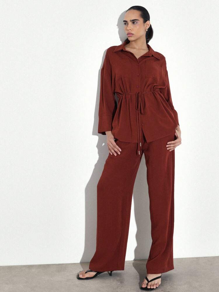 KSTM Women Rust Orange Wide Leg Drawstring Waist Casual Long Pants With Button Front And Tie Detail For Fall Fashion