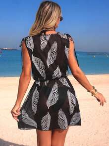 Swim Lushoire Vestido de playa para mujer de primavera/verano, vestido de malla estampada con cuello en V, cintura con cordón y sin mangas - Negro - Ver 2