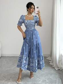 Elenzga Đầm nữ in họa tiết cổ vuông, eo thon, dáng chữ A, tay ngắn, thích hợp mặc đi làm hoặc đi chơi. - Rửa trung bình - Xem 5