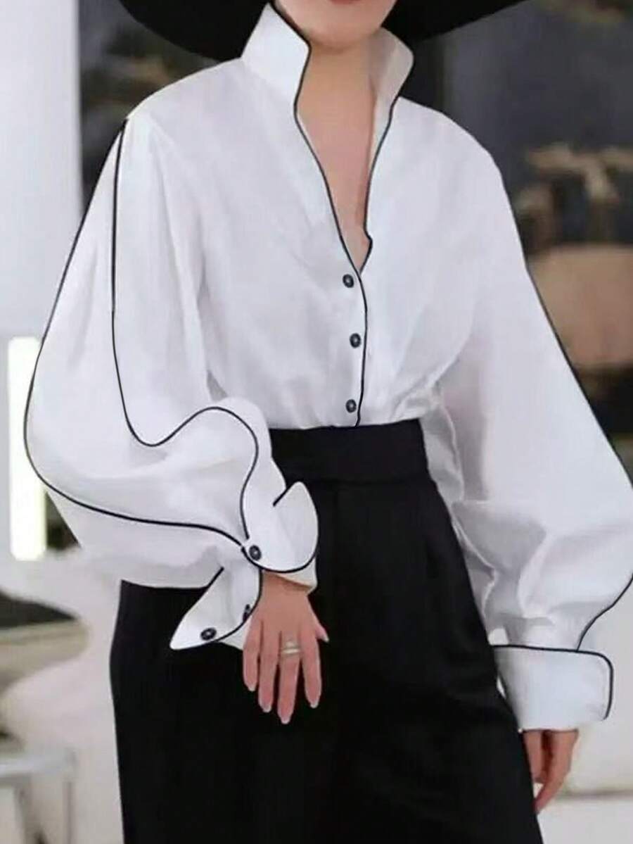 SHEIN 大码女式休闲优雅立领撞色滚边灯笼袖衬衫 - 白色 - 查看 1