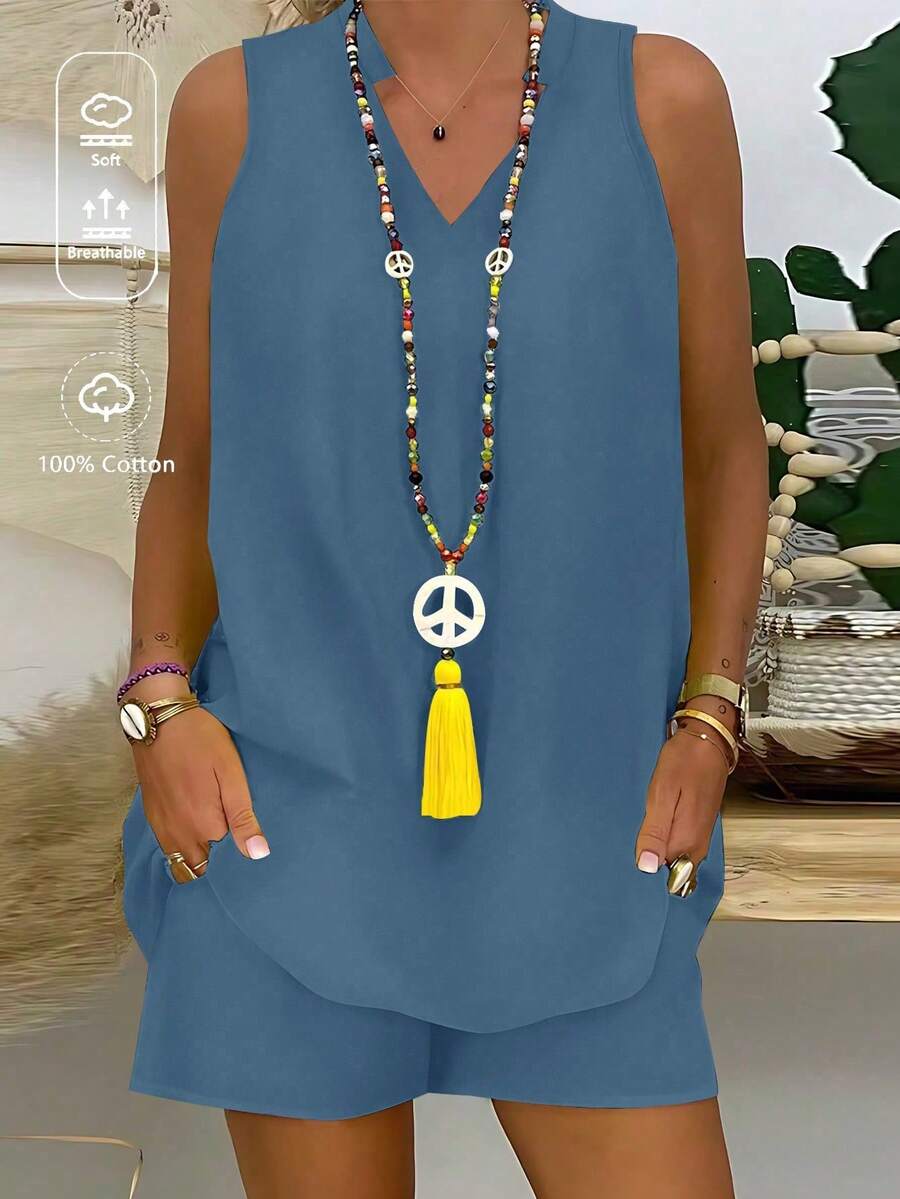 EMERY ROSE Bộ đồ nữ trơn màu gồm áo không tay cổ chữ V và quần short, kiểu dáng thường ngày. - Màu xanh lam - Xem 1