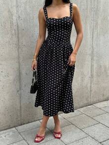 SHEIN EZwear French Polka Dot Dress Elegant  Black Polka Dot Woven Camisole Vacation Dress Black Polka Dot Dress - Black - View 9