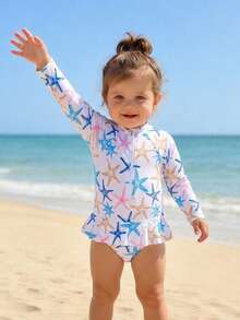 女婴海星印花拉链荷叶边沙滩连体泳衣 - 彩色 - 查看 8