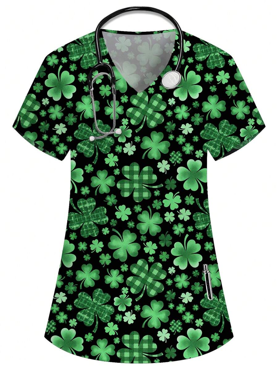 PopScrub Áo đồng phục y tá, bác sĩ, cổ chữ V, tay ngắn, hai túi, in hình cỏ ba lá xanh dễ thương, màu trơn, thích hợp cho người chăm sóc thú cưng, chuyên gia dinh dưỡng, phòng thí nghiệm, trang phục công sở nhiều túi tiện dụng, trang phục ngày lễ tiện dụng cho nữ, áo kiểu nữ, áo mùa hè nữ, áo sơ mi nữ, đáng yêu. - màu đen - Xem 1