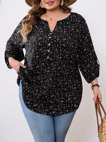 SHEIN CURVE+ Áo thun nữ dáng suông in họa tiết toàn thân, tay xắn, phong cách đường phố, thường ngày, size US22, thích hợp cho lễ hội âm nhạc, kỳ nghỉ bên bờ biển, phong cách bohemian. - Nhiều màu - Xem 10
