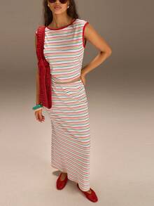 Athîral Women's Striped Boat Neck T-Shirt And Mini Skirt Casual 2 Pieces Set, Summer Wear For Women,Resort Wear - Multicolor - View 5