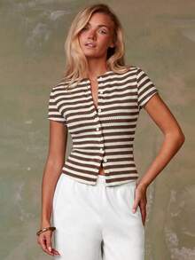 Athîral Women's Striped Short Sleeve Single-Breasted Casual Top - Multicolor - View 5