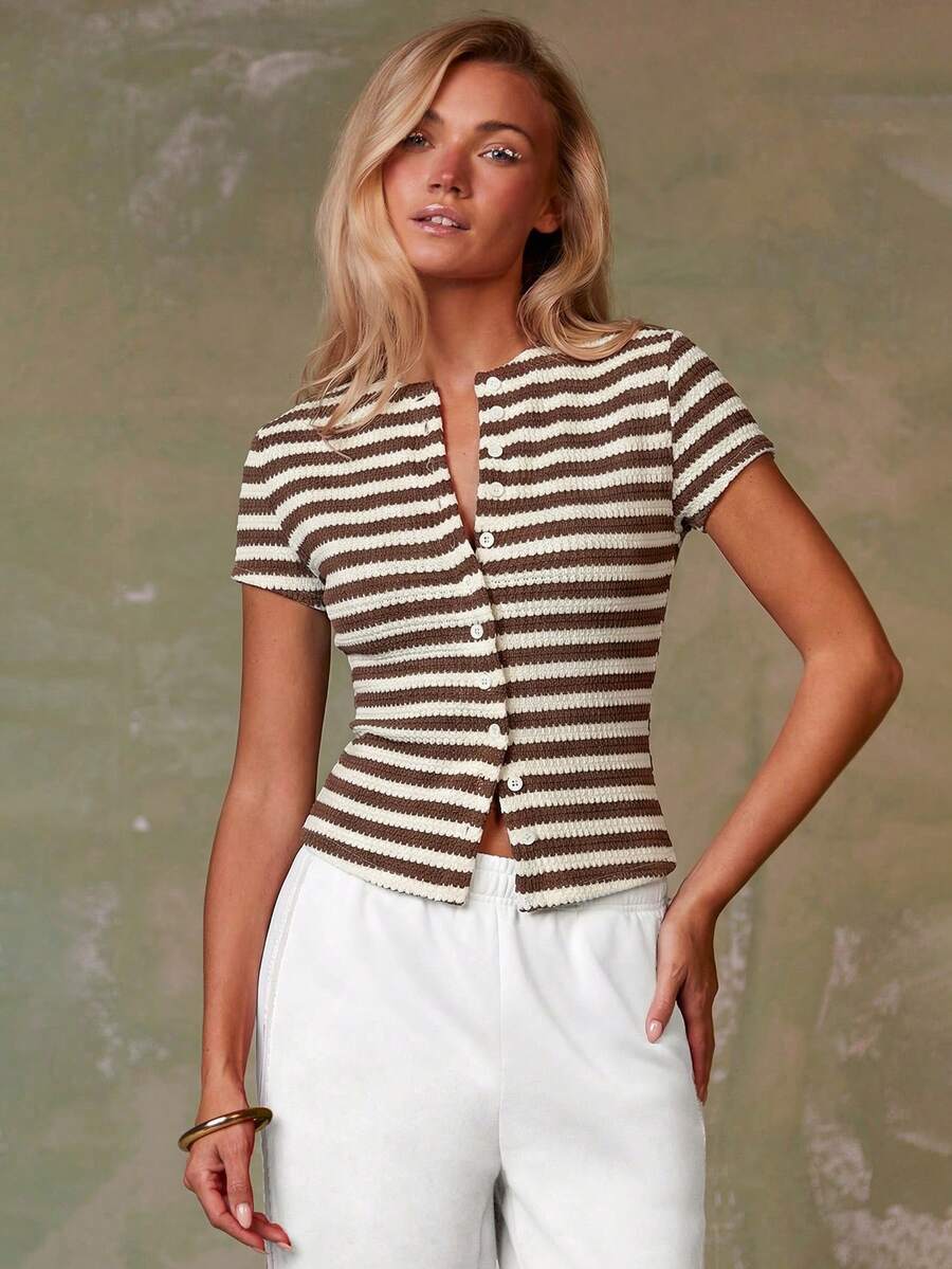 Athîral Women's Striped Short Sleeve Single-Breasted Casual Top - Multicolor - View 1