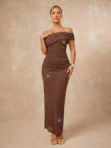 Lumalex 女士不对称肩部无袖长款收腰连衣裙 - 咖啡 - 查看 7