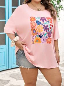 SHEIN CURVE+ Curve 尺码 US22 音乐节、海滨度假、波西米亚风女式印花T恤，休闲百搭，适合假日和日常穿着 - 粉色 - 查看 6