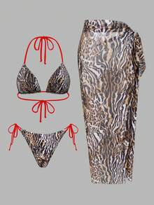 SHEIN Swim 3件組豹紋與純色混搭三角掛脖性感熱帶優雅比基尼套裝，附長款網紗沙灘派對裙，女款米色夏季泳裝 - 彩色 - 查看 4
