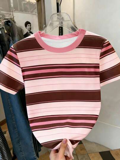 Resyla Y2K Style Retro Contrast Color Striped Round Neck Short Sleeve T-Shirt, Sweet Girl Aesthetic Fitted Contrast Color Striped Casual Tee, American Vintage Contrast Color Striped Fitted Short Sleeve T-Shirt, Dopamine Inspired Contrast Color Striped Round Neck Top