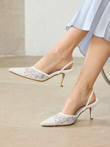 MOTF NEW WHITE POINTED THIN HEEL DIAMOND MESH LACE FASHIONABLE AND ELEGANT WOMEN'S HIGH-HEELED SHOES - White - View 1