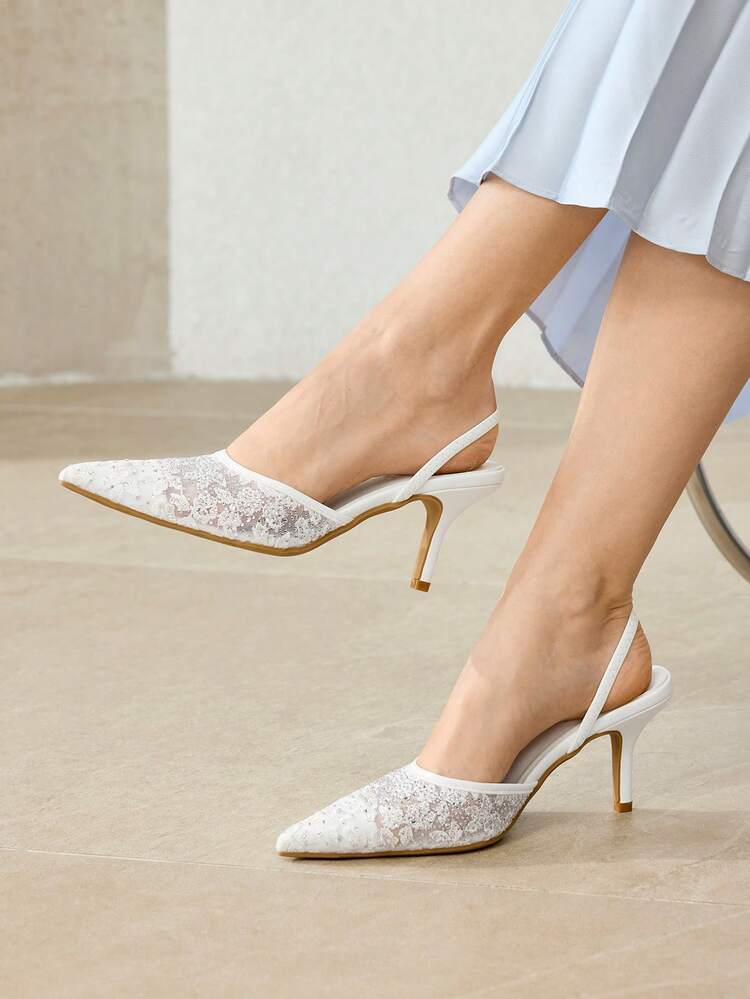 NEW WHITE POINTED THIN HEEL DIAMOND MESH LACE FASHIONABLE AND ELEGANT WOMEN'S HIGH-HEELED SHOES