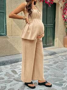 SHEIN 孕妇休闲纯色吊带背心和裤子两件套 - 卡其色 - 查看 2