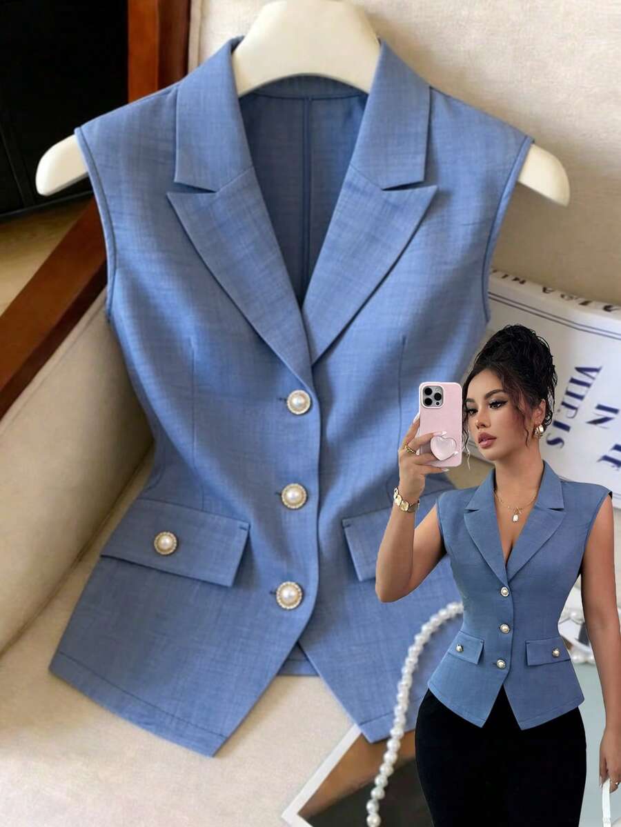 Lyxana Áo blazer nữ không tay màu trơn, thích hợp mặc đi làm hàng ngày. - Màu xanh bụi bặm - Xem 1