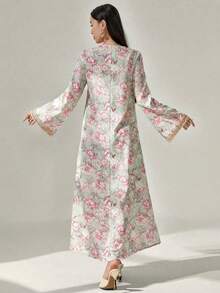 Al Najma 女士花卉印花钩编拼接长袖连衣裙，优雅端庄的A字型卡夫坦长袍，适合晚宴/婚礼宾客/周年纪念/日常穿着 - 薄荷綠 - 查看 2