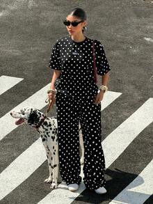 Muchica Women's Casual Black Polka Dot Pattern Loose T-Shirt And Wide Leg Pants Set, Suitable For Outings, Streetwear, Y2K Style, Spring/Summer - Black - View 4