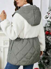 EMERY ROSE 大码女式休闲撞色仿羊毛拼接绗缝连帽衫，可调节抽绳加厚羽绒服 - 彩色 - 查看 6