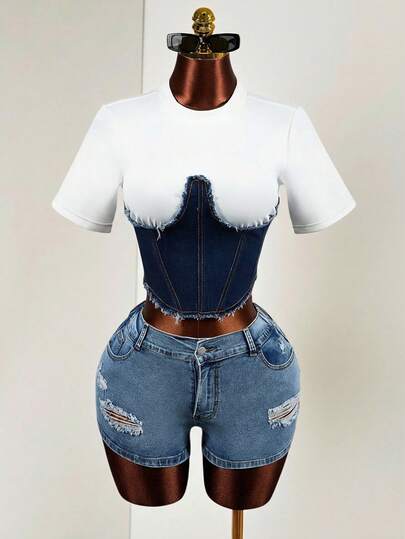 Mistrie Women's Round Neck Color Block Casual Everyday Denim Top