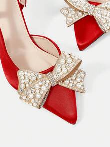 CUCCOO HITCHD Sepatu Hak Tinggi Wanita Ujung Lancip, Koleksi Terbaru Musim Semi/Panas, Dekorasi Pita Kristal & Mutiara, Satin Merah, Nyaman & Elegan, Cocok Untuk Pernikahan, Pesta, Acara Formal - Rose Red - View 4
