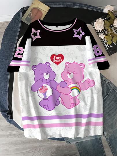 SHEIN X Care Bears 大码女式卡通印花圆领短袖休闲百搭T恤