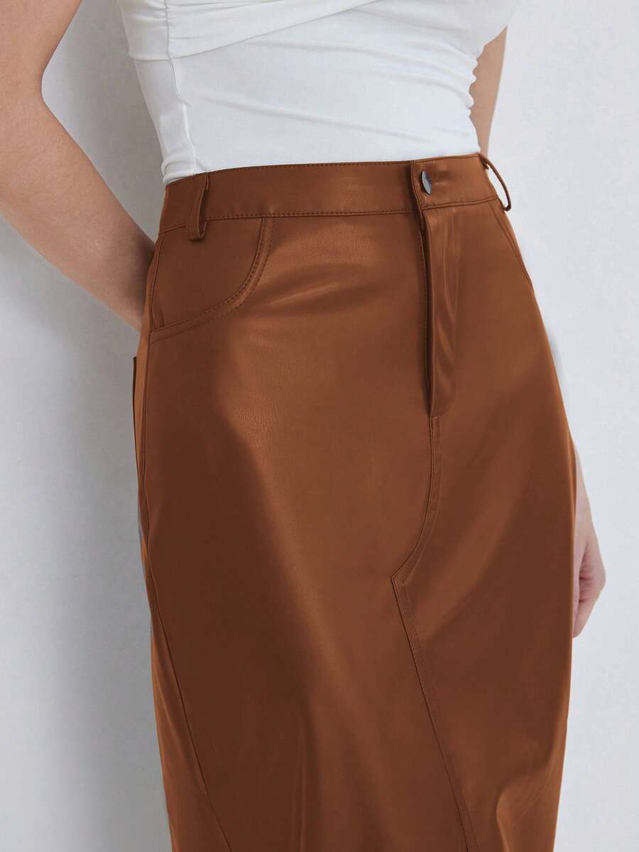 Aveloria Modichic Falda con abertura de unicolor de PU, de moda para ir al trabajo - Marrón - Ver 1