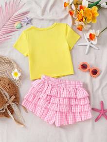 SHEIN 2pcs/Set Young Girl Floral Print T-Shirt And Plaid Ruffle Hem Shorts,Kids Holiday Light Pink Summer Holiday Vacation - Multicolor - View 3