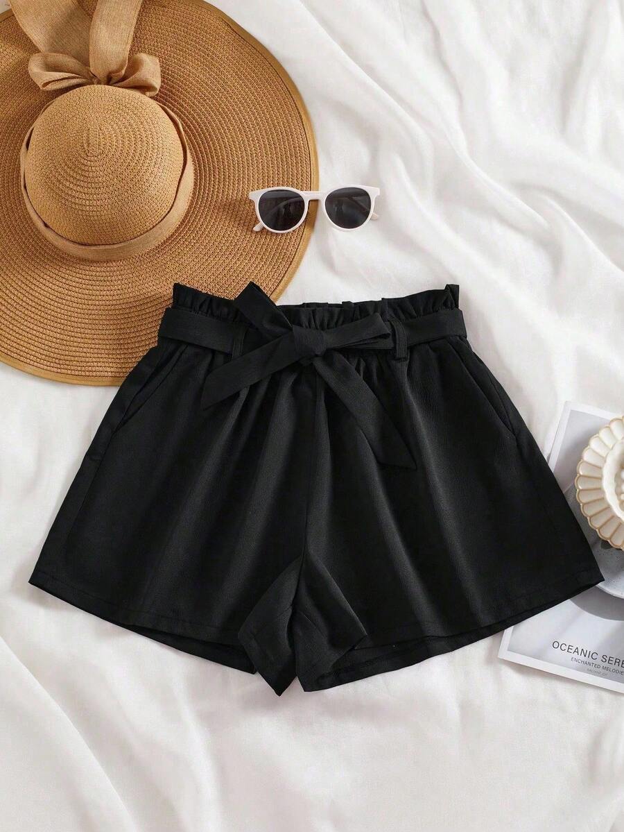 Franclia Plus Size Casual Vacation Loose Ruffled Waist Shorts Formal Vacation Black Summer - Black - View 1
