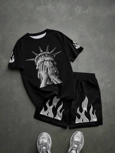 Set di maglietta a girocollo a maniche corte e pantaloncini con stampa minimalista in stile Y2K in bianco e nero con motivo della Statua della Libertà, moda retrò americana minimalista per ragazzi pre-adolescenti