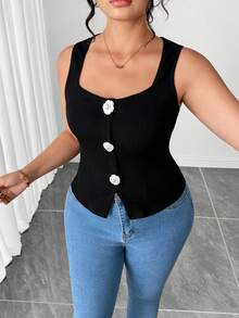 Elenzga Women's Summer Black Textured Square Neck Sleeveless Fitted Vest, Camellia Button Waist Design, Stylish Vest For Everyday Wear, Shopping, Or As An Inner Layer Or Outer Layer. - Black - View 5