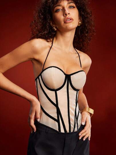 EmpressEnvy 1件复古缎面撞色鱼骨束腰收颈塑身衣