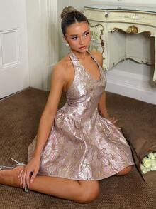 SHEIN Fashionable & Elegant Jacquard Open Back Halter A-Line Short Dress - Apricot - View 4