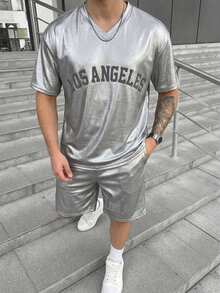 Manfinity Dauomo Men's Silver Reflective Letter Print T-Shirt And Shorts Set - Silver - View 4