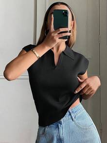 DAZY Women's Solid Color Fitted Polo Collar Elegant Formal Spring/Autumn Knit Top Summer - Black - View 4