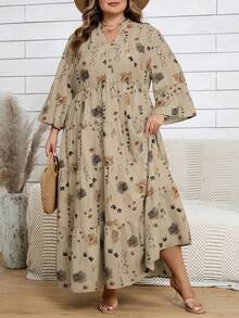 SHEIN CURVE+ Váy đi biển dáng rộng in họa tiết hoa cỡ lớn cho nữ, tay loe, trang phục đi biển/đồng quê/mùa hè/trang phục đi biển - Nhiều màu - Xem 7