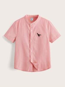 SHEIN Young Boy Casual Woven Regular Fit Stand Collar Dinosaur Print Front Button-Up Shirt - Baby Pink - View 5