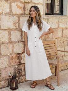 Faunlyn Women's Solid Color V-Neck Short Sleeve Casual Pocket Midi Dress - White - View 5