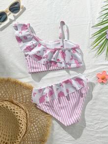 Girls Swimsuit Set, Striped Dolphin Print Pattern, Cute Swimwear Set Suitable For Vacation, Beach Play - Multicolor - View 2