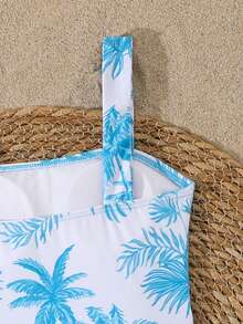 Tween Girl Coconut Tree Print Hollow Out Tankini And Triangle Panty Swimsuit Set - Blue - View 5