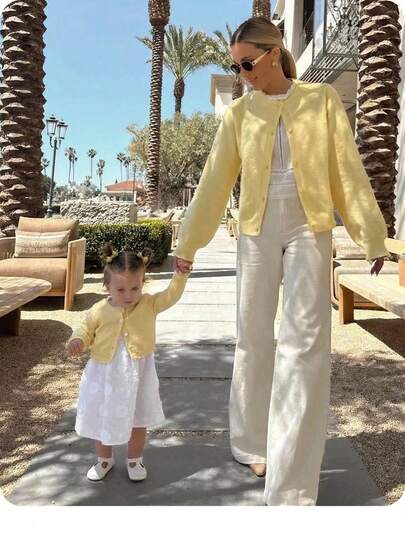 SHEIN 女宝宝纯色圆领长袖休闲针织开衫，秋季