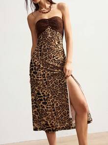 Bohemela 波西米亚风优雅豹纹撞色蕾丝长裙 - 摩卡棕 - 查看 3