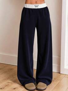 SHEIN Quần thể thao cạp rộng ống rộng đơn giản thoải mái cho bé gái tuổi teen, thích hợp mặc dạo phố, đi học, thể thao, mặc ở nhà - Màu xanh hải quân - Xem 1