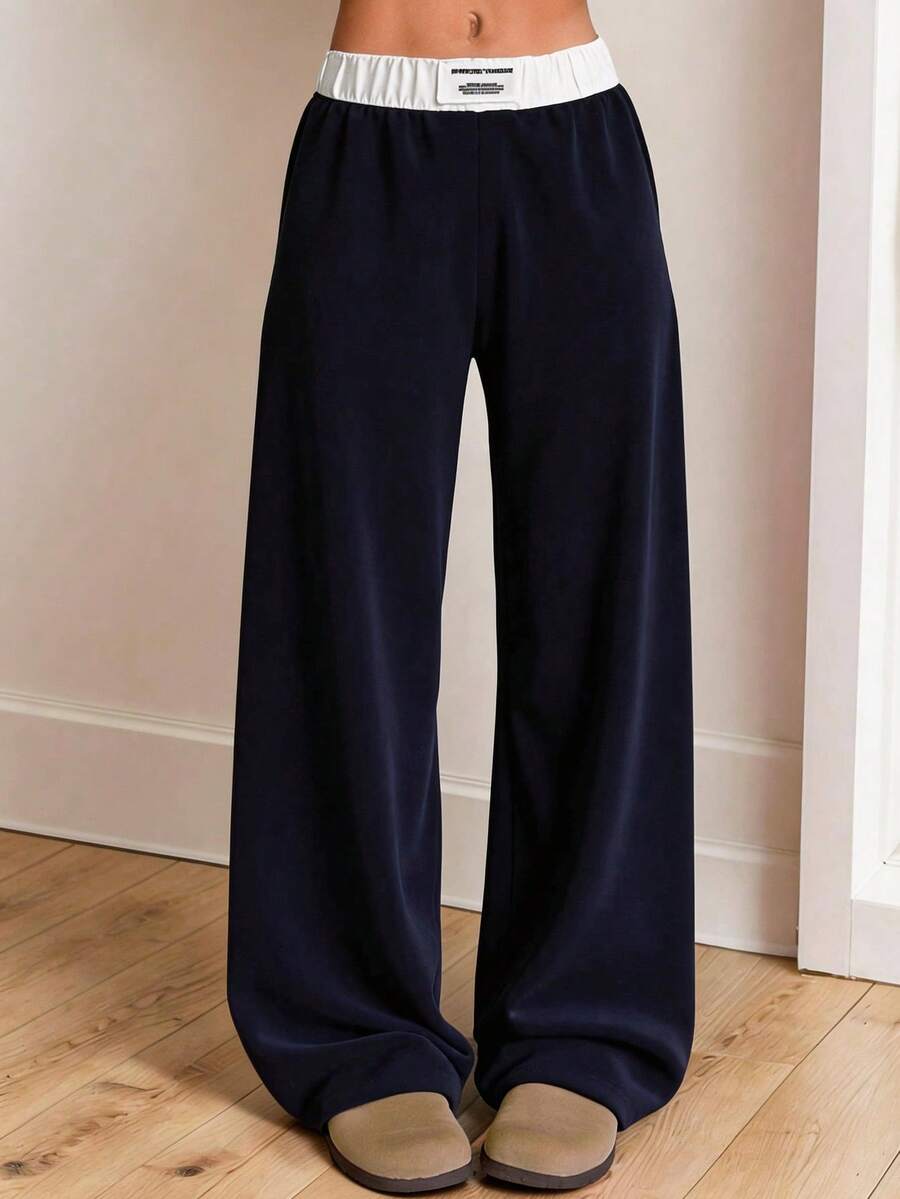 SHEIN Quần thể thao cạp rộng ống rộng đơn giản thoải mái cho bé gái tuổi teen, thích hợp mặc dạo phố, đi học, thể thao, mặc ở nhà - Màu xanh hải quân - Xem 1