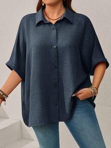 EMERY ROSE Plus Size Women's Solid Color Batwing Sleeve Loose Single-Breasted Casual Shirt,Vacation Outfits Woman,Summer Clothes Fall - Navy Blue - View 7