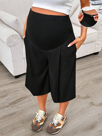 SHEIN 孕妇纯色可调节腰围褶裥口袋宽松阔腿七分裤