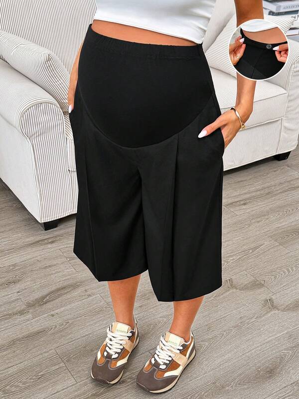 SHEIN 孕妇纯色可调节腰围褶裥口袋宽松阔腿七分裤