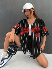 SHEIN EZwear Áo khoác nữ dáng rộng tay ngắn, không cài cúc phía trước, kiểu áo bóng chày, thích hợp cho mùa hè. - màu đen - Xem 3