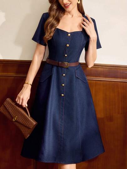 Vintamour Vintage Elegant Women's Dress With Pockets And Buttons Casual Commute Holiday Long Dress Summer Dresses For Women Summer Clothes Summer Outfits For Women Spring Outfit Women Spring Clothing Spring Dress Women Spring Clothes Women Spring Break Outfits Easter Dress Women Elegant Dresses For Women Vacation Outfits Women Summer Holiday Outfits For Women Vacation Dresses Casual Dresses For Women Blue Dresses For Women Going Out Outfits Spring/Summer Casual Vacation Holiday Dress Women Graduation Dress For Women Wedding Guest Dress For Women