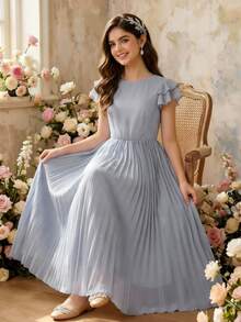 SHEIN 少女优雅简约时尚V领荷叶边无袖高腰中长纯色雪纺面料灰蓝色连衣裙，夏季少女毕业/婚礼礼服浅灰蓝色连衣裙荷叶边袖连衣裙褶皱长裙灰蓝色连衣裙女士中长连衣裙夏季连衣裙褶皱连衣裙女士春季连衣裙优雅女装 - 霧霾藍 - 查看 10